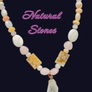Artisan Natural Stone Necklace Quartz Rose Quartz Jasper Raw Quartz Pendant